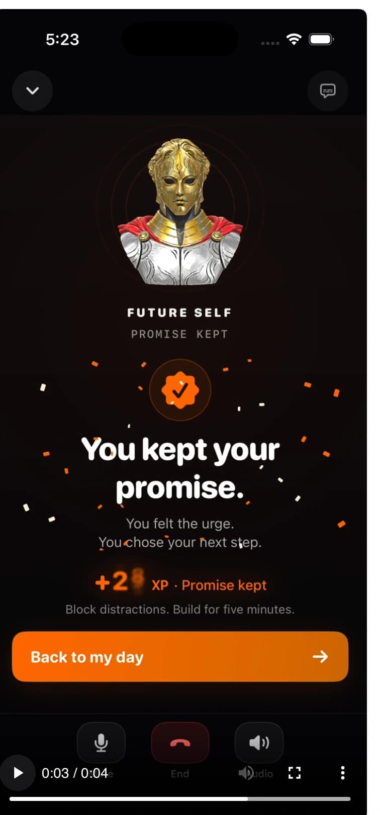 The golden-masked Future Self celebrating a kept promise in the app: You felt the urge. You chose your next step.