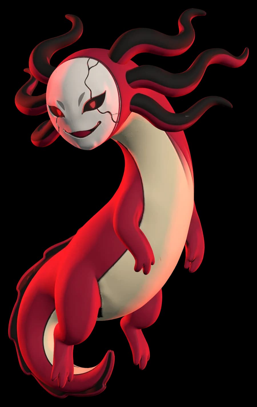 Lustara, The Dealer, in Form II: a crimson, axolotl-like demon wearing a cracked white smiling mask