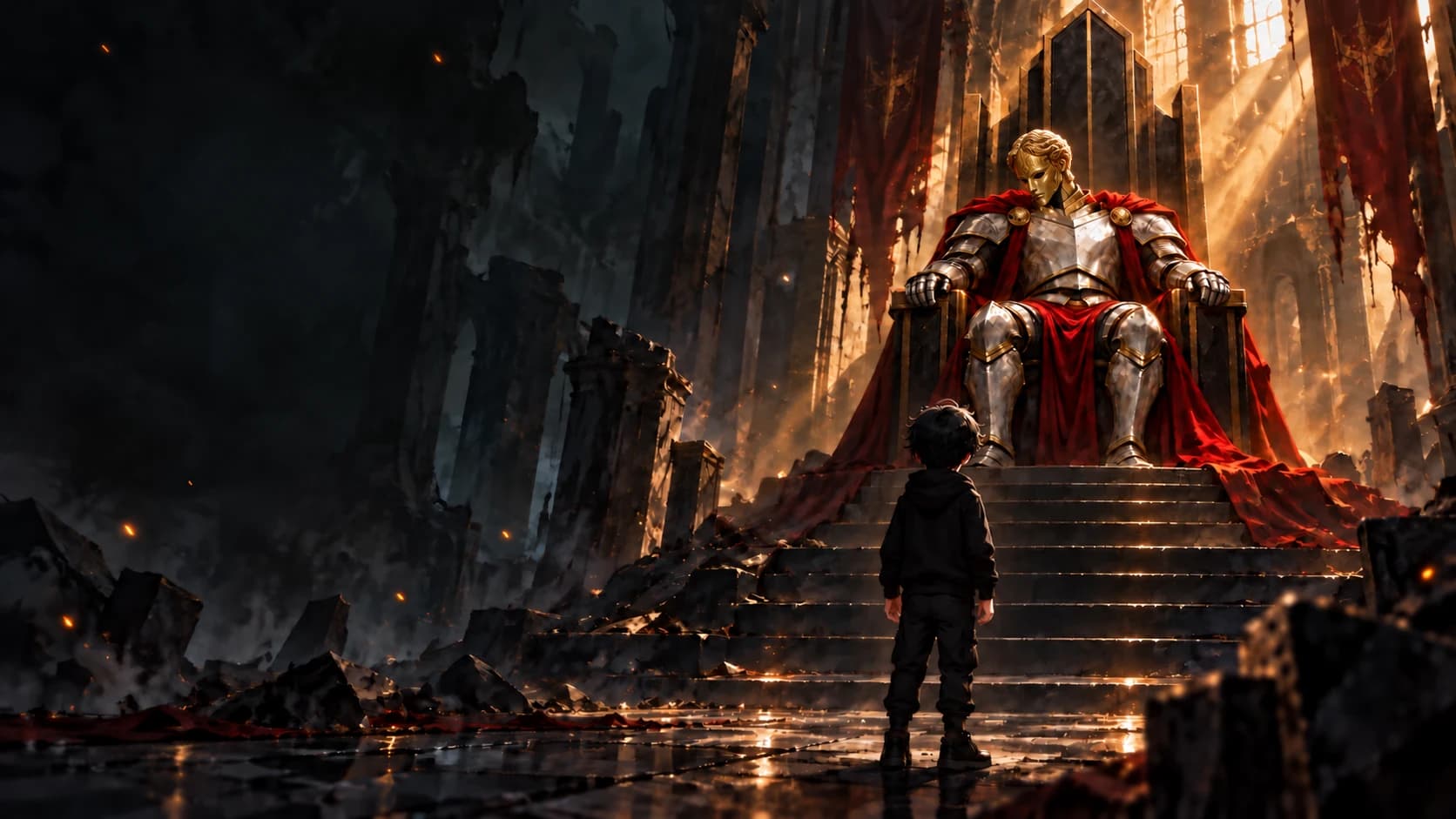 The golden-masked Emperor looks down from his throne at the Seed Heir, a young boy facing his future self.